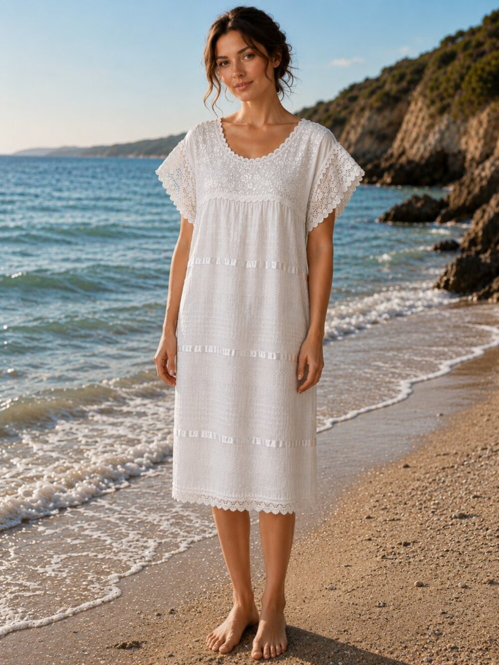 Modern Handmade Mexican Cotton Dress XL – Boutique Style with Lace & Embroidery